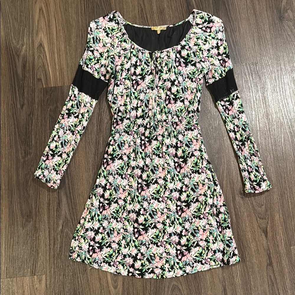 Floral with Black Lace Long Sleeve Mini Dress